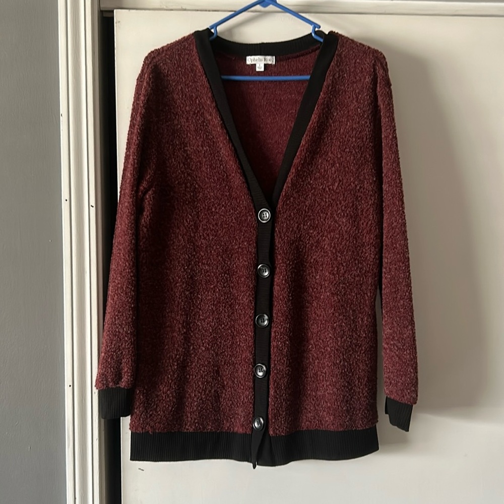 Dark red and black cardigan sweater